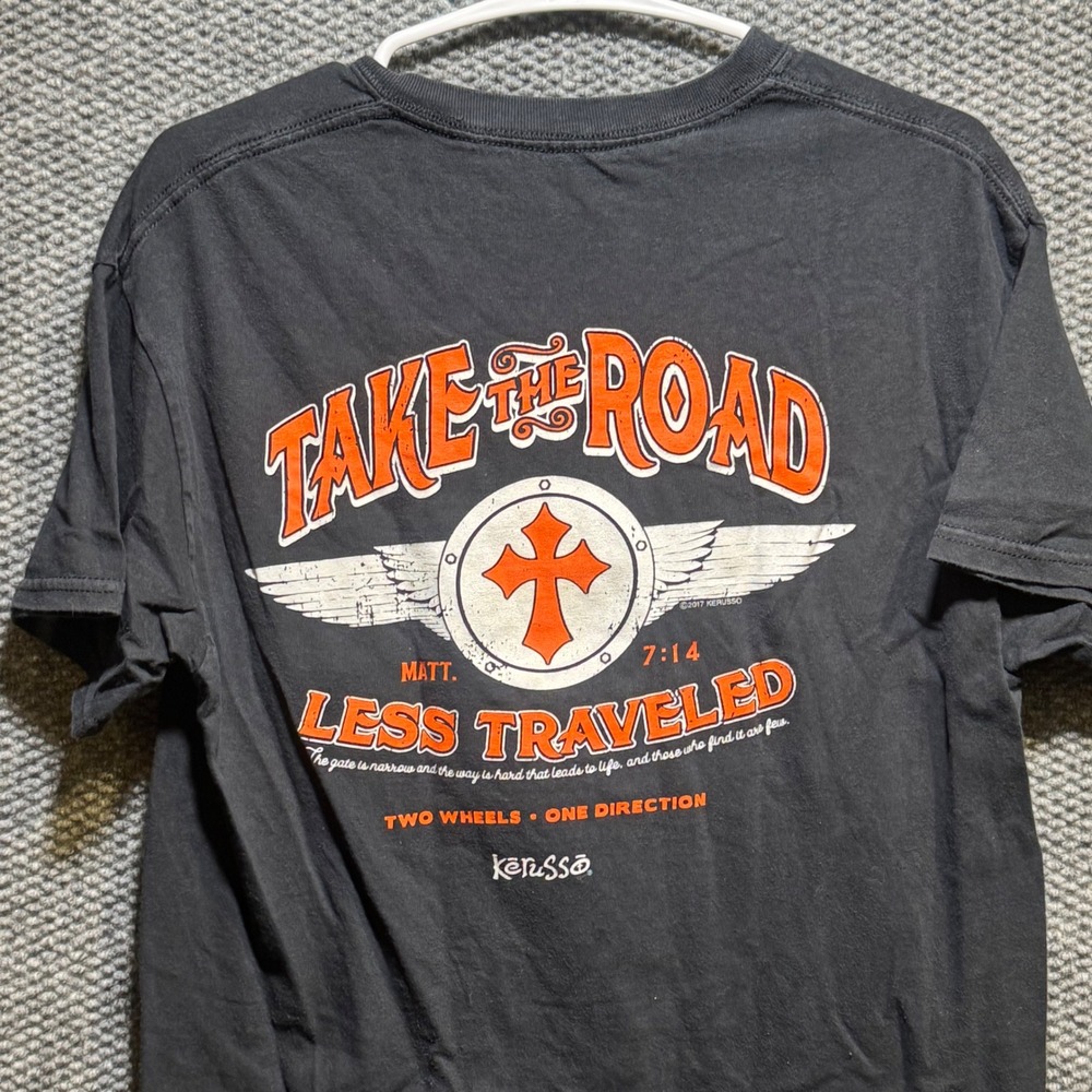Kerusso Mens Take the Road Less Traveled Christian Biker Graphic T-Shirt Black
